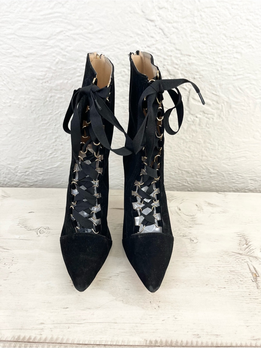 Black Velvet Faux Suede Lace Up Boots Witchy Gothic Heeled Victorian 40 9 - Picture 7 of 14
